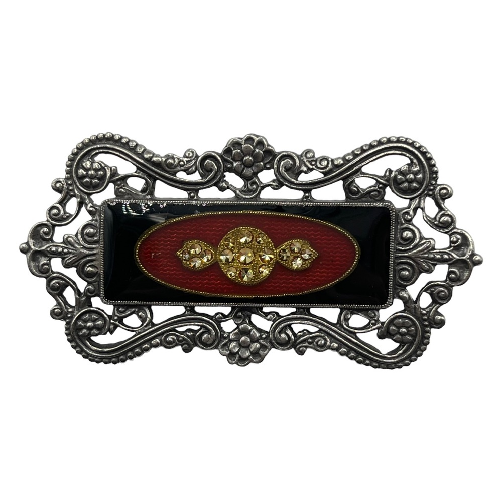 Vintage Victorian Revival Rhinestones Red Black Enamel Silver Large Brooch Pin